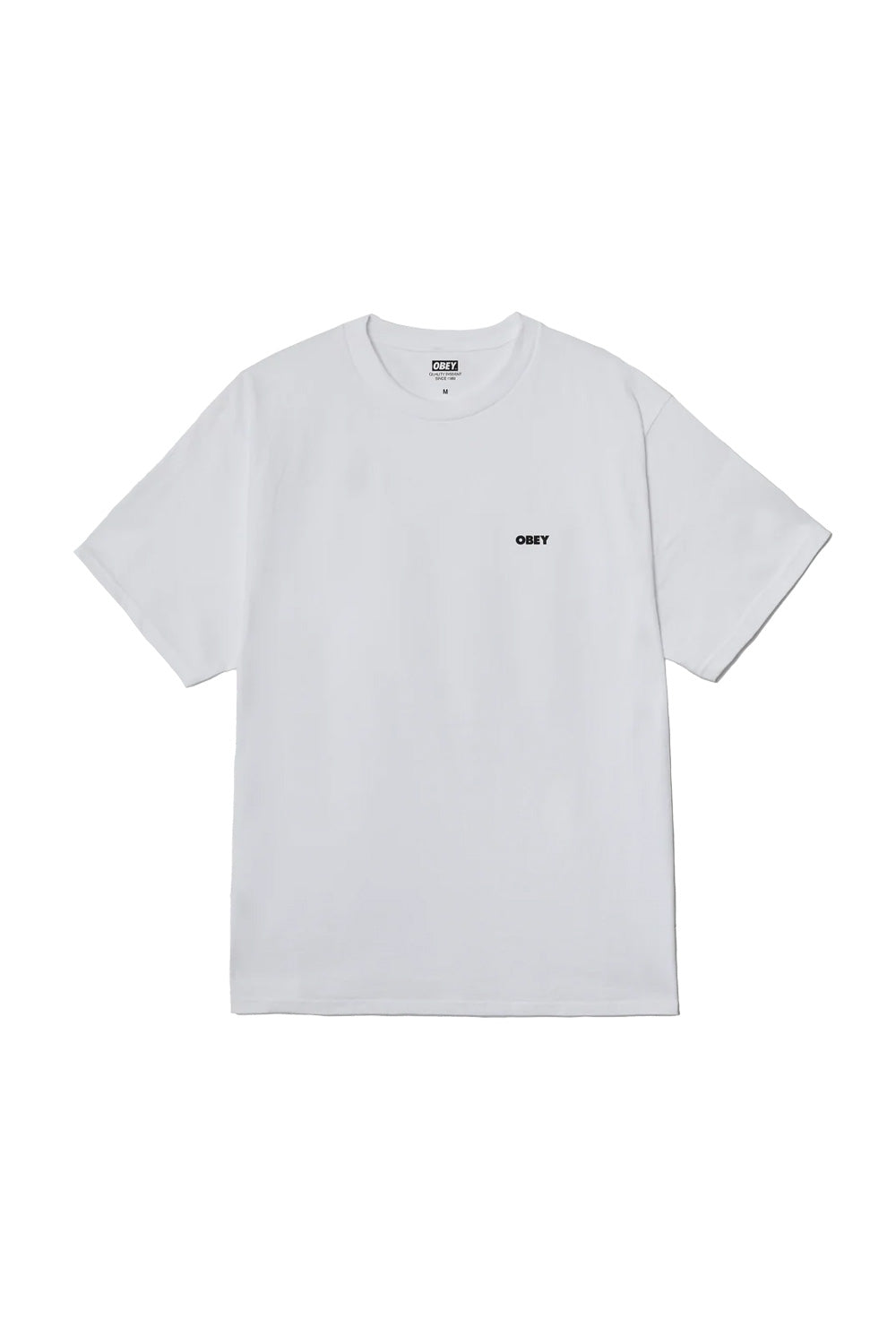 Front view of the classic fit white Obey The Medium Is The Message T-Shirt, showcasing a clean crew neckline, short sleeves, and a small black Obey bold text logo printed on the left chest.