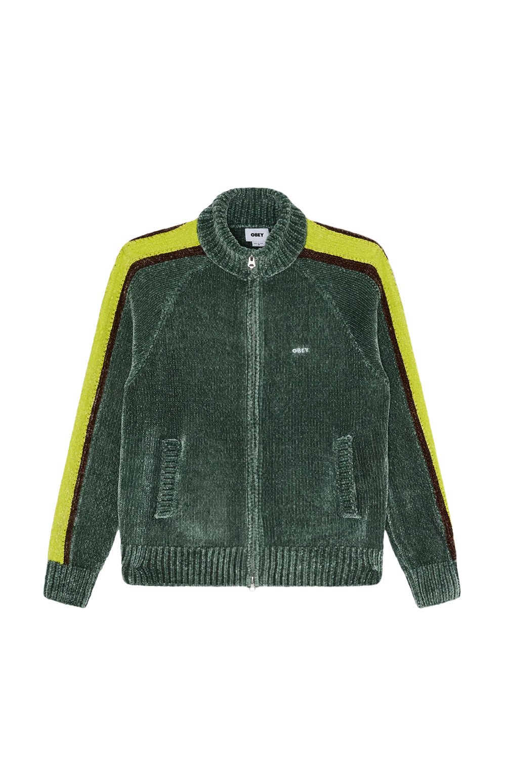 Front view of the Obey Varen Zip Up Sweater in Dark Forest green, crafted from plush ribbed chenille knit featuring a full zip closure, high stand collar, vertical side welt pockets, white embroidered Obey chest logo, and contrasting lime yellow and brown sport stripes along raglan shoulders and sleeves.