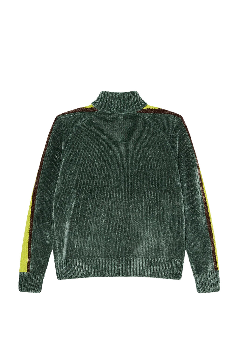 Back view of the Dark Forest green Obey Varen Zip Up knit sweater, displaying the seamless plush ribbed back panel, thick ribbed stand-up collar, ribbed hem and cuffs, and the vibrant yellow and brown contrast stripe detailing running down both sleeves.