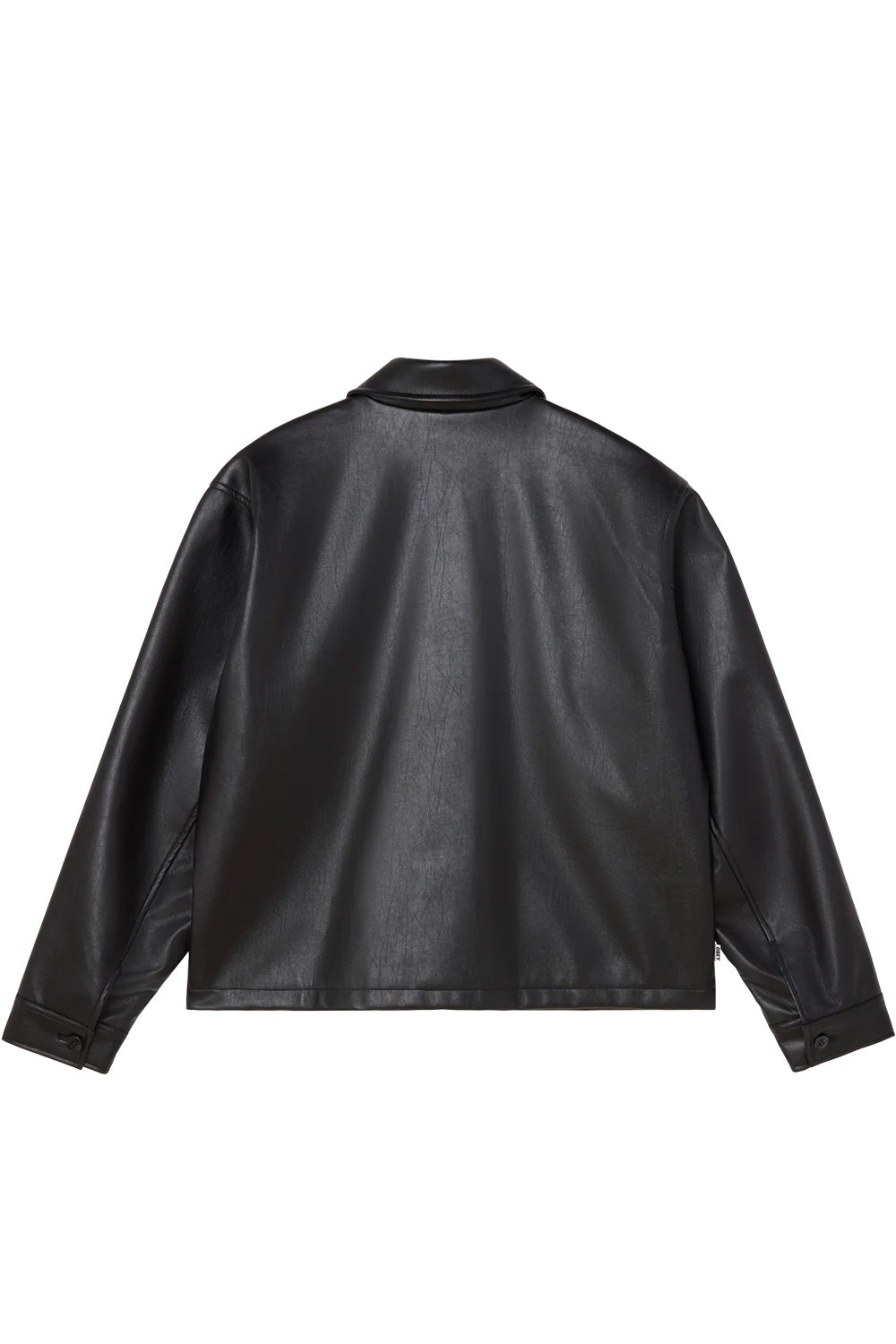 Back view of the black Obey Workman PU faux leather jacket, highlighting the clean dropped-shoulder construction, subtle leather grain texture, straight hemline, buttoned sleeve cuffs, and a small white woven Obey label at the side seam.