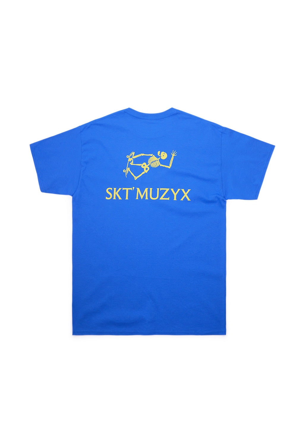 Rückansicht des königsblauen Skate Muzik Adventure T-Shirts mit detailliertem Rückenprint