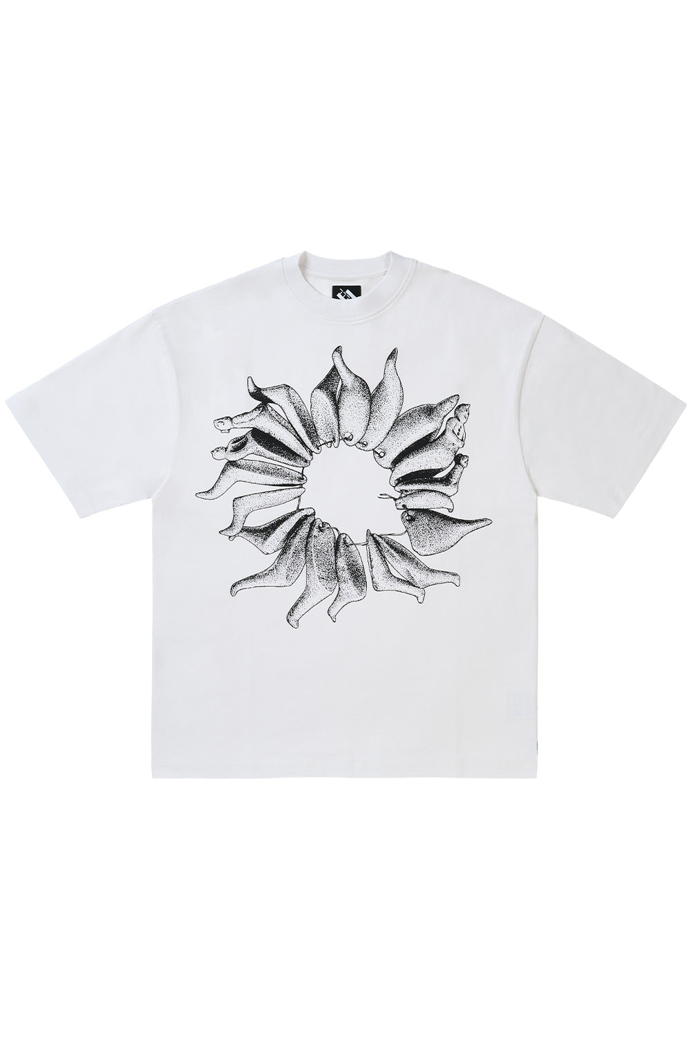 Front view of the The Trilogy Tapes Strung T-Shirt White featuring a loose oversized fit, heavyweight 100% cotton jersey, surreal Strung graphic print on the chest, woven TTT side label and premium underground streetwear design inspired by London's experimental techno and electronic music culture.