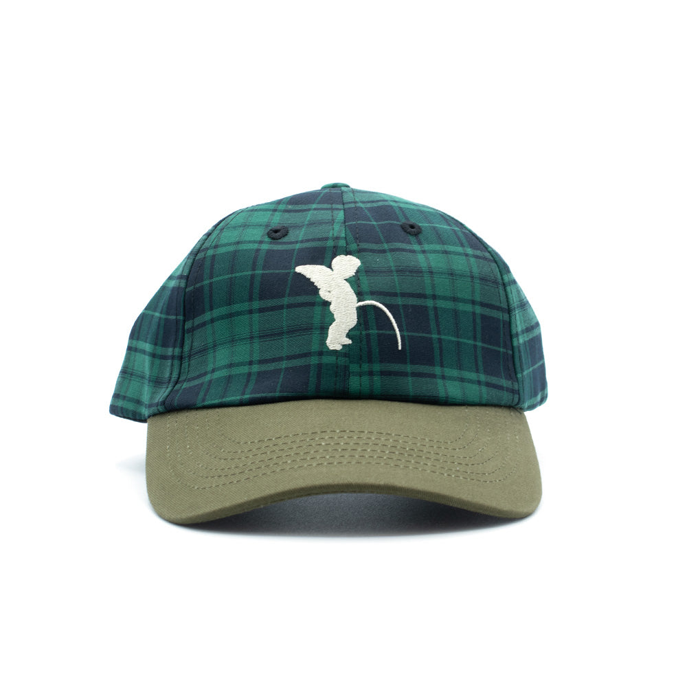 Front studio view of the Token Pissing Angel Cap, showcasing an unstructured six-panel crown made from woven dark green and navy blue tartan plaid twill, embroidered on the front with a white satin-stitch Brussels Manneken Pis cherub angel emblem, finished with a solid olive green curved visor featuring tonal row stitching.