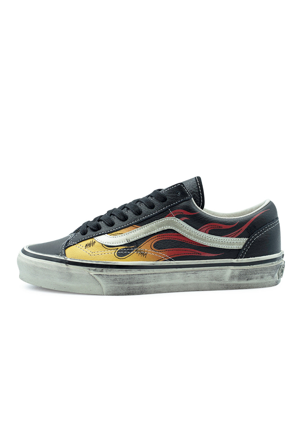 Vans LX Old Skool 36 Archive Flame Black side view with premium full grain leather upper, flame graphic print, white jazz stripe and vintage vulcanized sole
