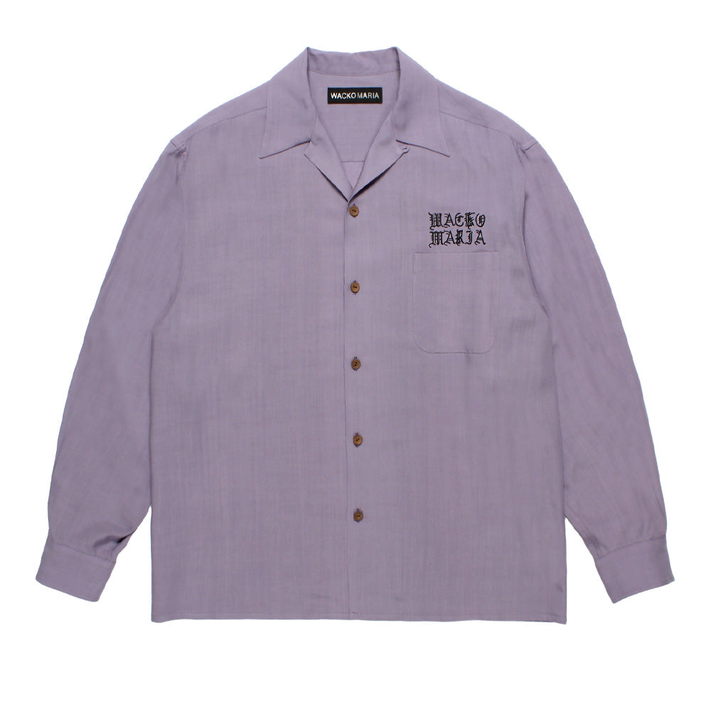 Front flat lay studio view of the purple Wacko Maria 50's Shirt Type 3, featuring an open 1950s Cuban camp collar, center placket with mottled brown carved wooden buttons, a single open left chest patch pocket, and black two-tier Old English gothic "WACKO MARIA" brand embroidery above the pocket.