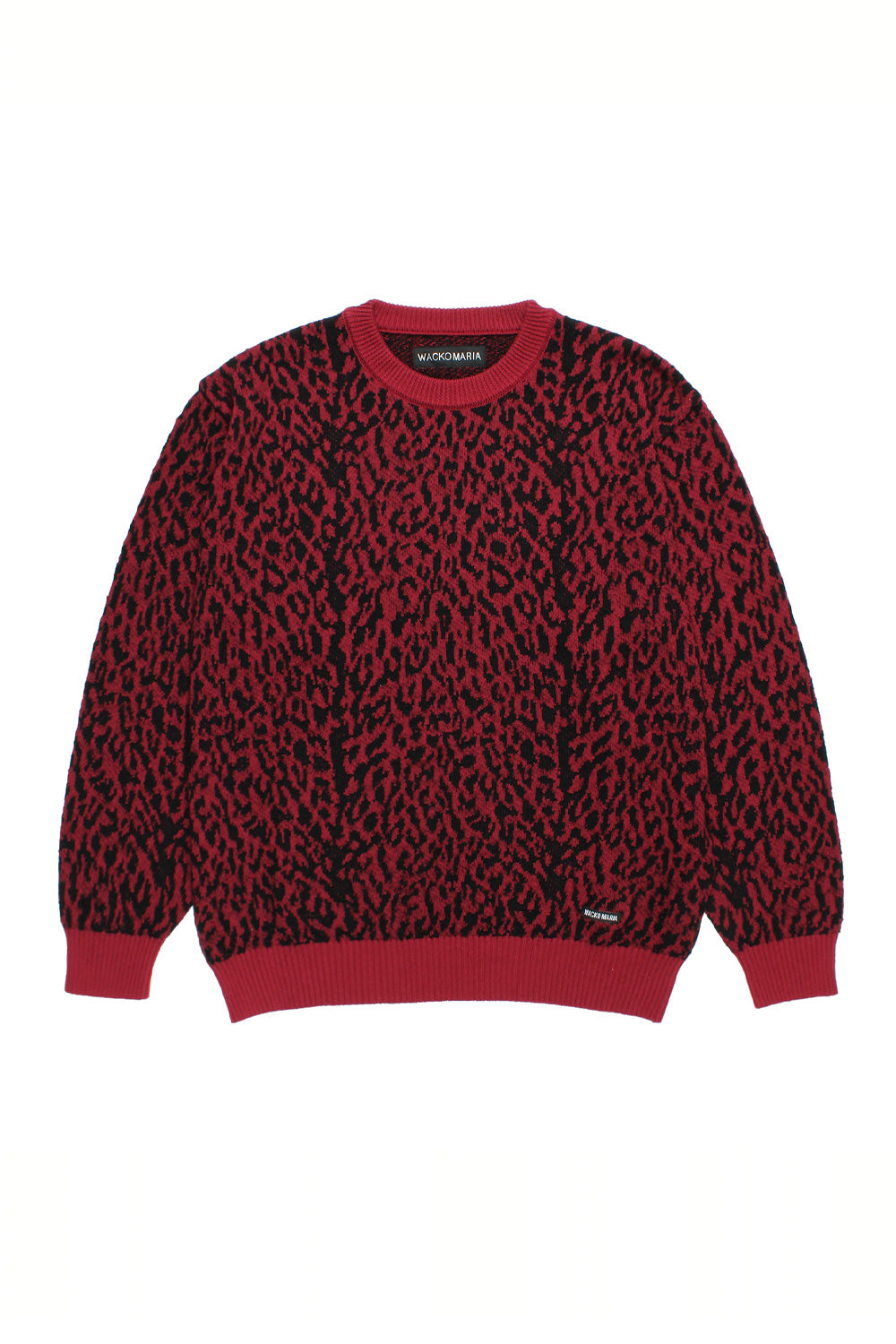 Wacko Maria Leopard Jacquard Sweater Type-1 Red wide fit knit pullover with bold all-over animal print, premium cotton wool blend crewneck, Japanese designer streetwear made in Japan