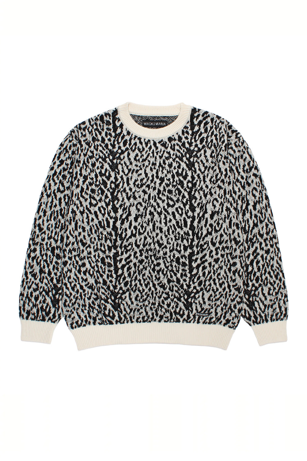 Wacko Maria leopard jacquard sweater type 1 white front view, all over woven leopard pattern knit, wide fit cotton wool sweater made in Japan