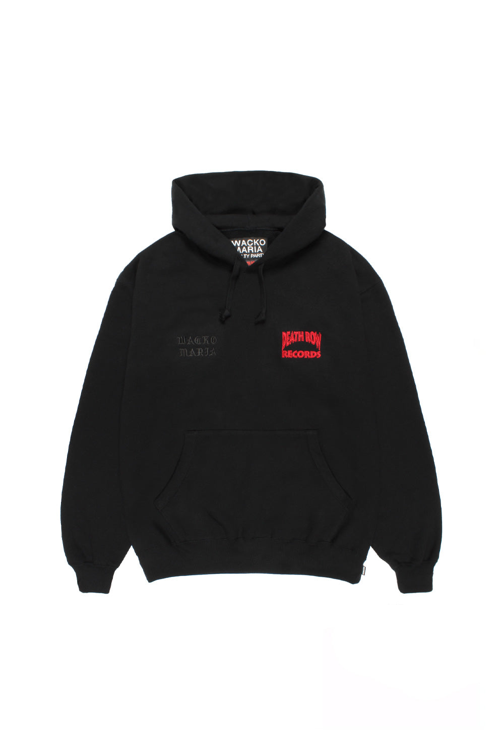 front view black Wacko Maria Death Row Records pullover hoodie with embroidered chest logos, loose fit heavy weight cotton hoodie streetwear
