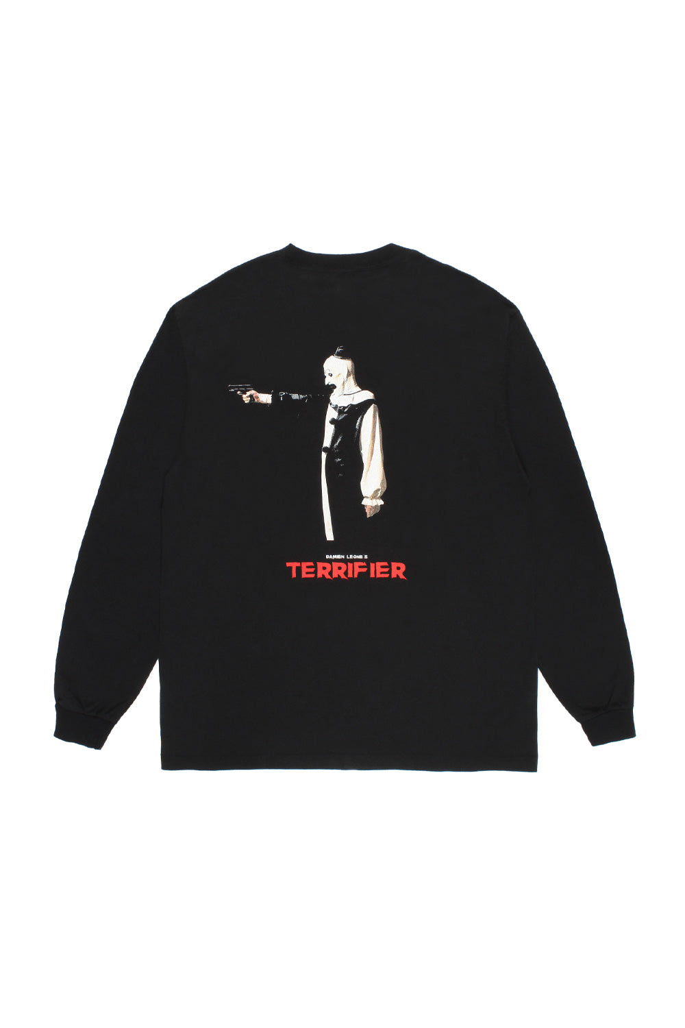 Wacko Maria x Terrifier long sleeve T-shirt Type-3 black back print featuring Art the Clown pointing gun, Damien Leone horror collaboration heavyweight cotton streetwear made in Japan