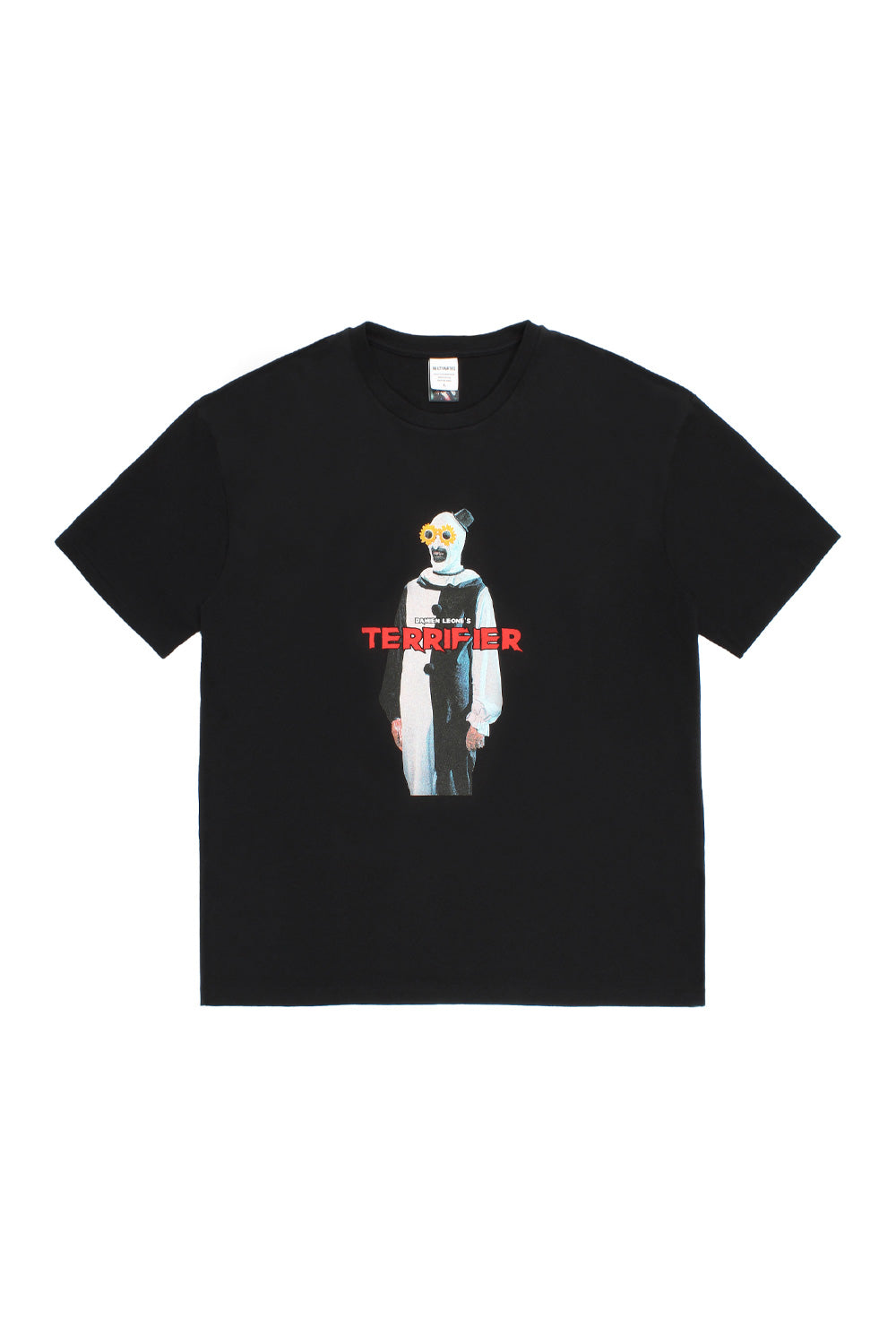 Wacko Maria x Terrifier Type-2 washed heavyweight black T-shirt front view featuring Art the Clown full body graphic, oversized fit Japanese streetwear horror collaboration