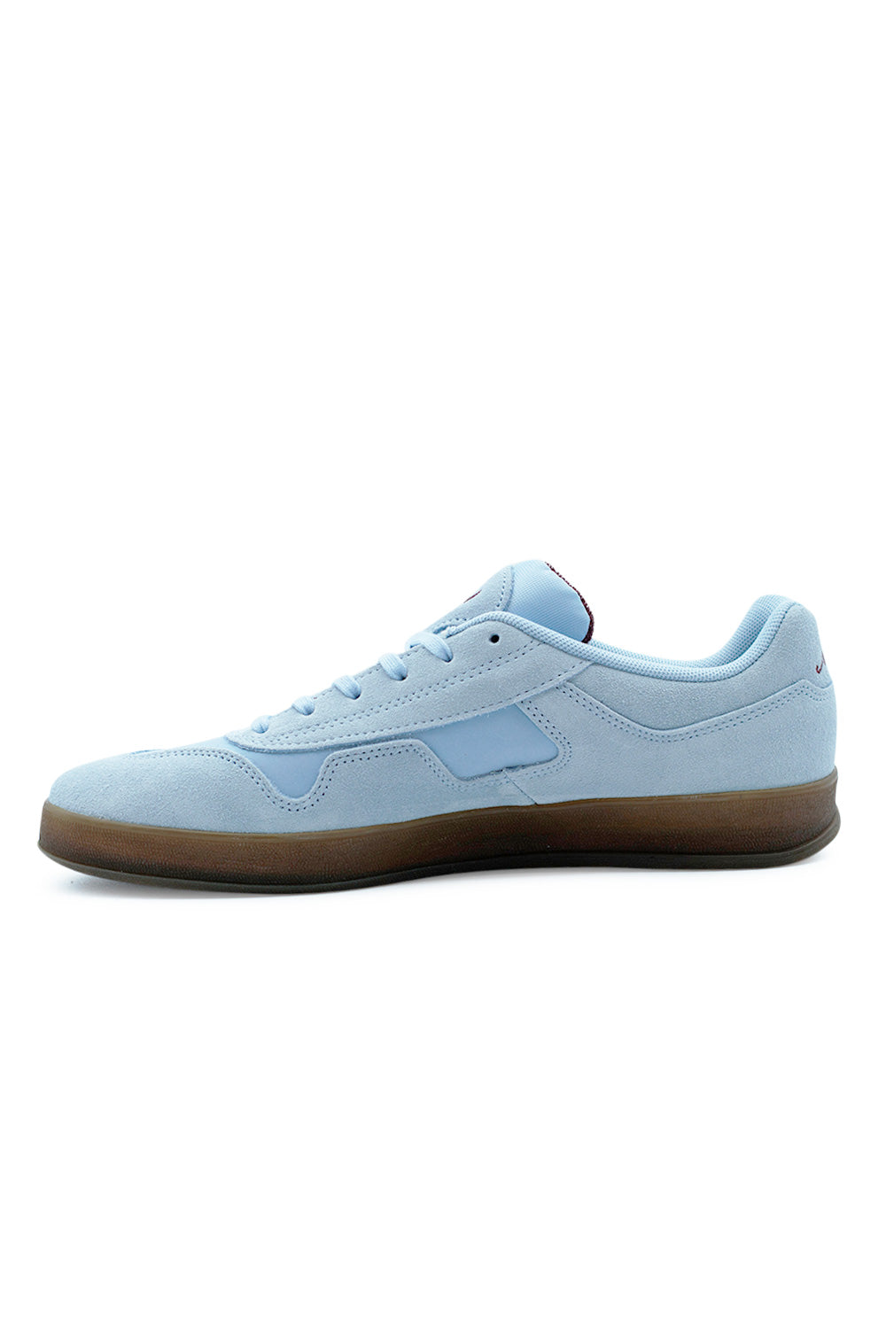Side profile of Adidas Aloha Super skate shoe with durable gum sole and maroon leather accents.