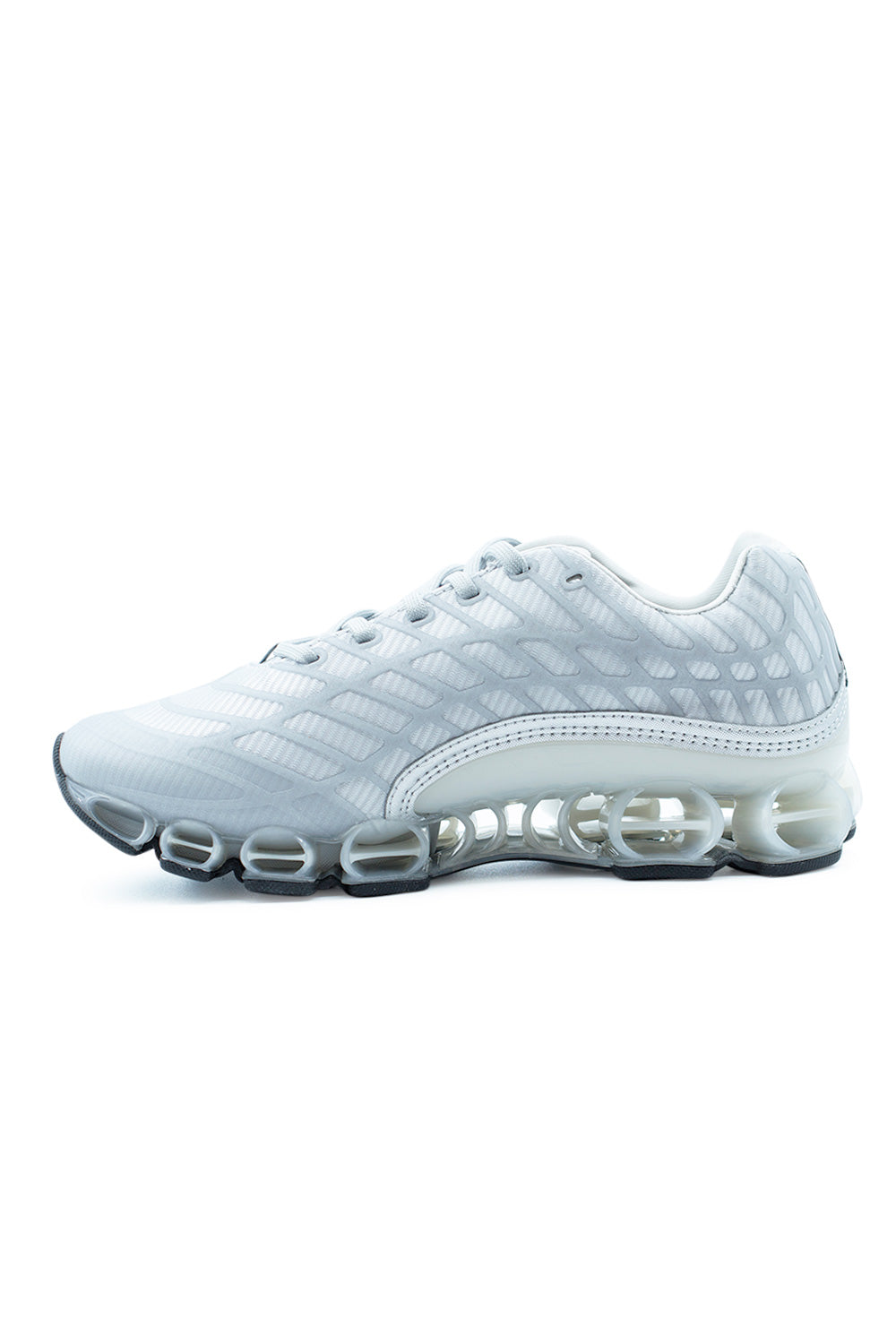 Profile image of Adidas Megaride F50 futuristic running shoe with signature pod midsole, synthetic mesh upper and football-inspired performance styling in Matte Silver color scheme.