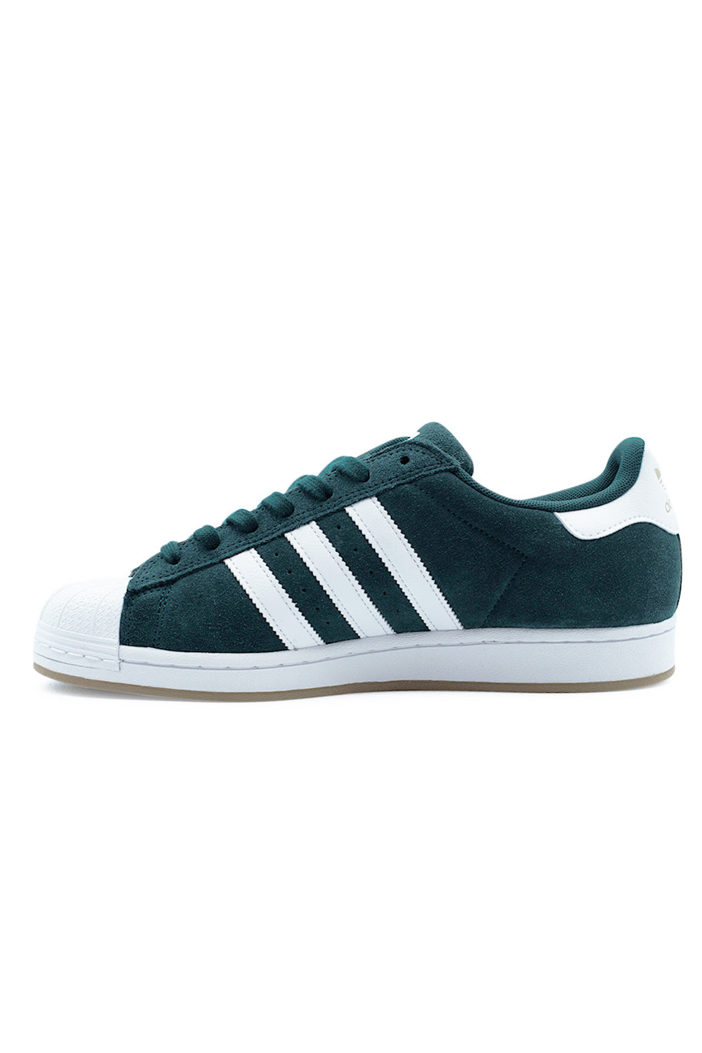 Medial side view of Adidas Superstar ADV Aurora Ivy Cloud White Gold Metallic skate shoe with reinforced suede panels, padded collar and classic Three Stripes heritage styling