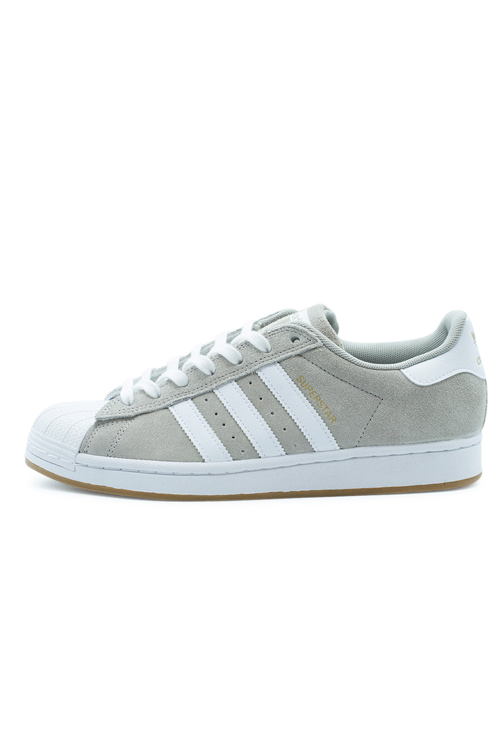 Adidas Superstar ADV Clear Granite Cloud White Gold Metallic skate shoe with durable suede upper, iconic rubber shell toe, white Three Stripes and gum cupsole – modern adidas Originals skateboarding sneaker KI5733.