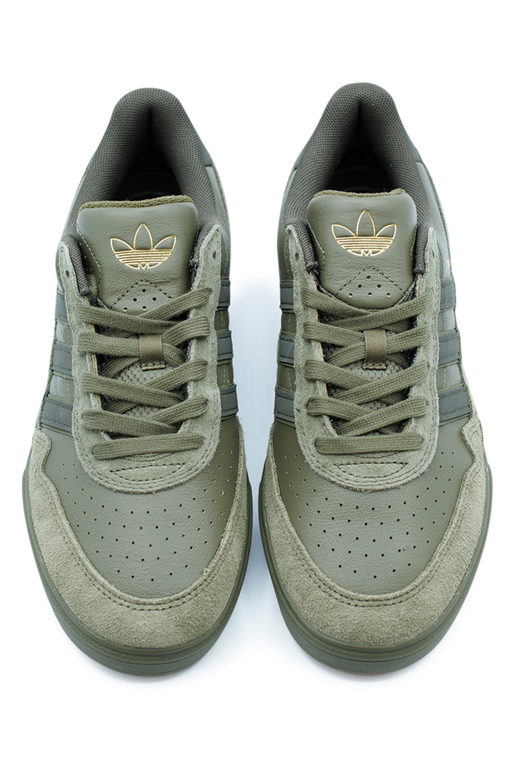 Unisex Adidas Tyshawn II Olive Strata Shadow Olive Gum skateboarding shoes, premium full grain leather with golden Adidas Tyshawn branding.