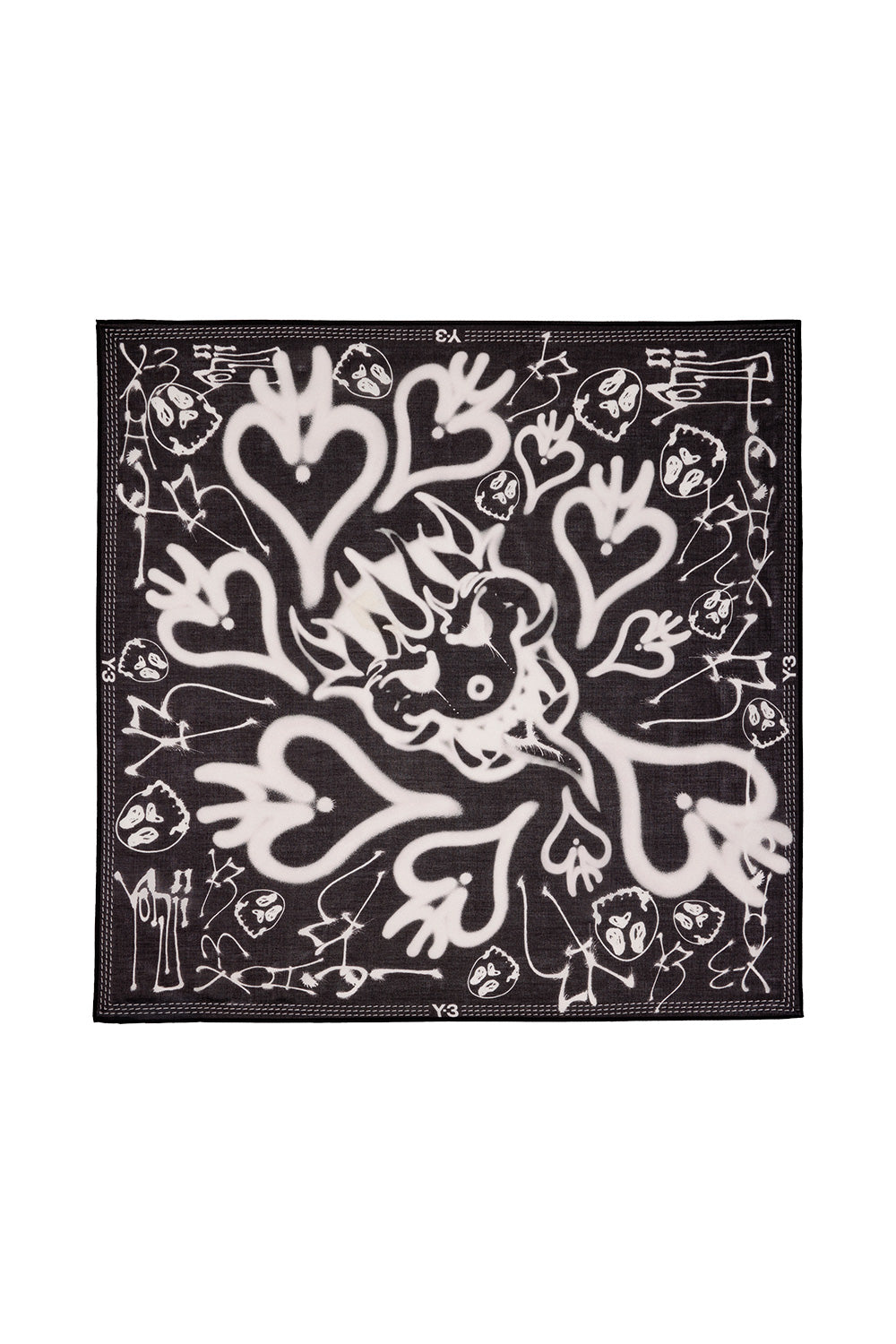 Full flat lay top view of the black and white Adidas Y-3 X Chito Bandana, crafted from a premium silk-cotton blend measuring 59 cm by 59 cm, featuring an intricate collage of white airbrushed hearts, dripping skulls, a central monster face, and decorative stitched contrast borders with Y-3 logos.