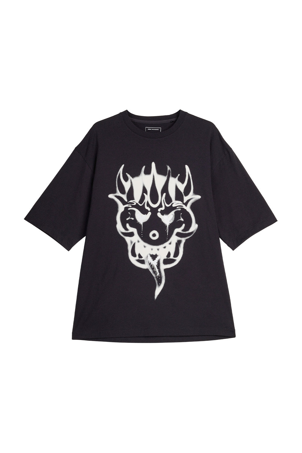 Front view of the black Adidas Y-3 X Chito GFX Graphic Short Sleeve Tee, featuring a loose boxy fit in premium cotton jersey with an oversized white airbrushed horned monster face graphic printed across the chest.