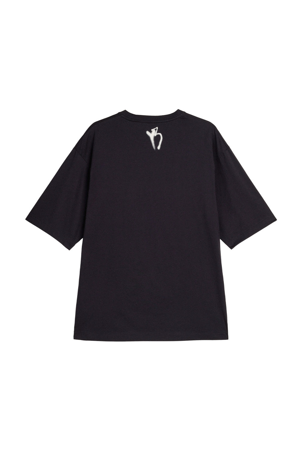 Back view of the black Adidas Y-3 X Chito GFX Graphic T-Shirt, displaying the relaxed drop-shoulder cut, wide elbow-length short sleeves, and a small white airbrushed Y-3 tag graphic printed centered below the back collar.