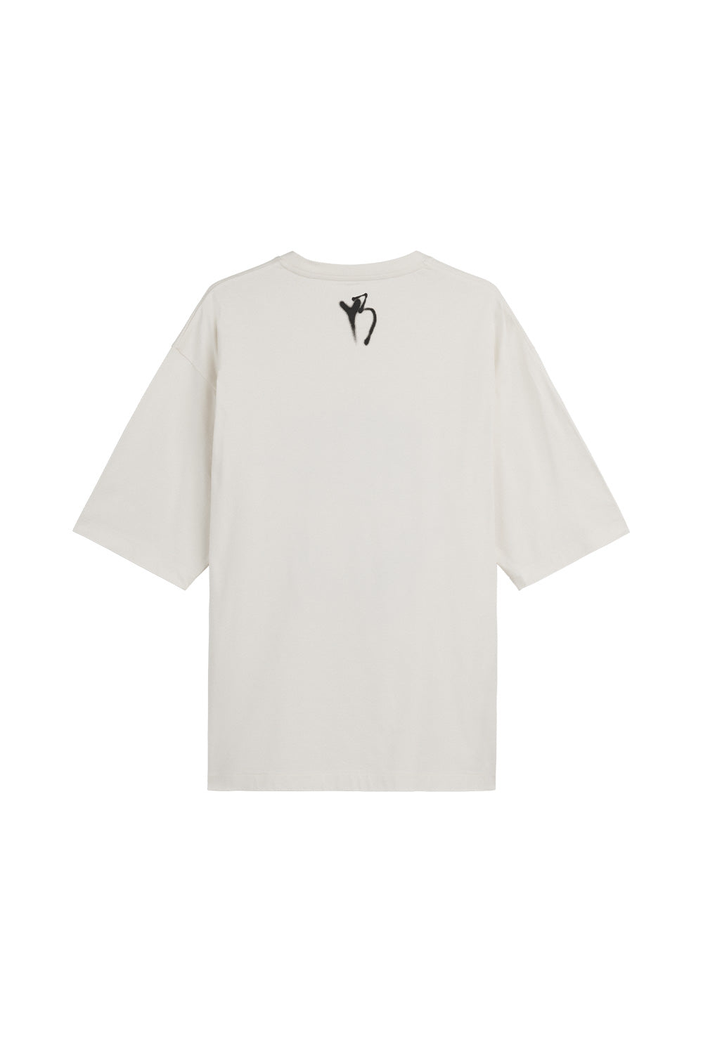Back view of the chalk white Adidas Y-3 x Chito GFX Graphic Short Sleeve Tee, showing the dropped shoulder silhouette, wide short sleeves, and a small black airbrushed Yohji tag graphic centered below the ribbed collar.