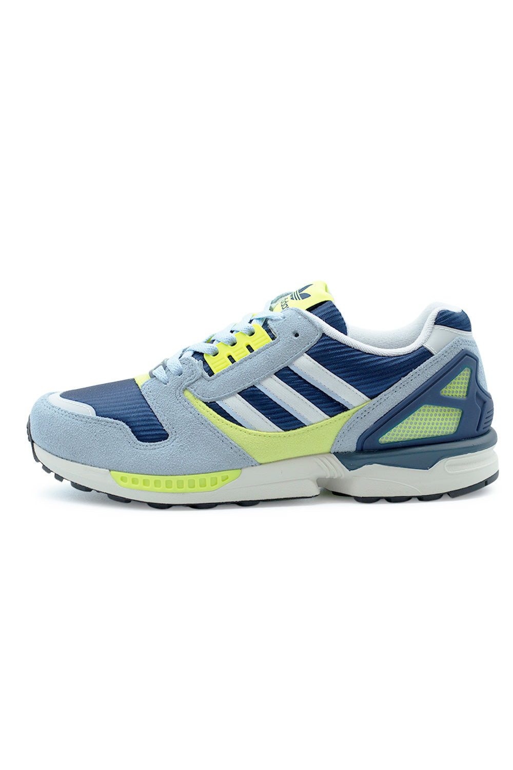 Adidas ZX 8000 Dark Blue Cloud White Semi Yellow sneaker lateral view with retro running silhouette, premium suede overlays, breathable mesh upper and iconic Torsion System cushioning