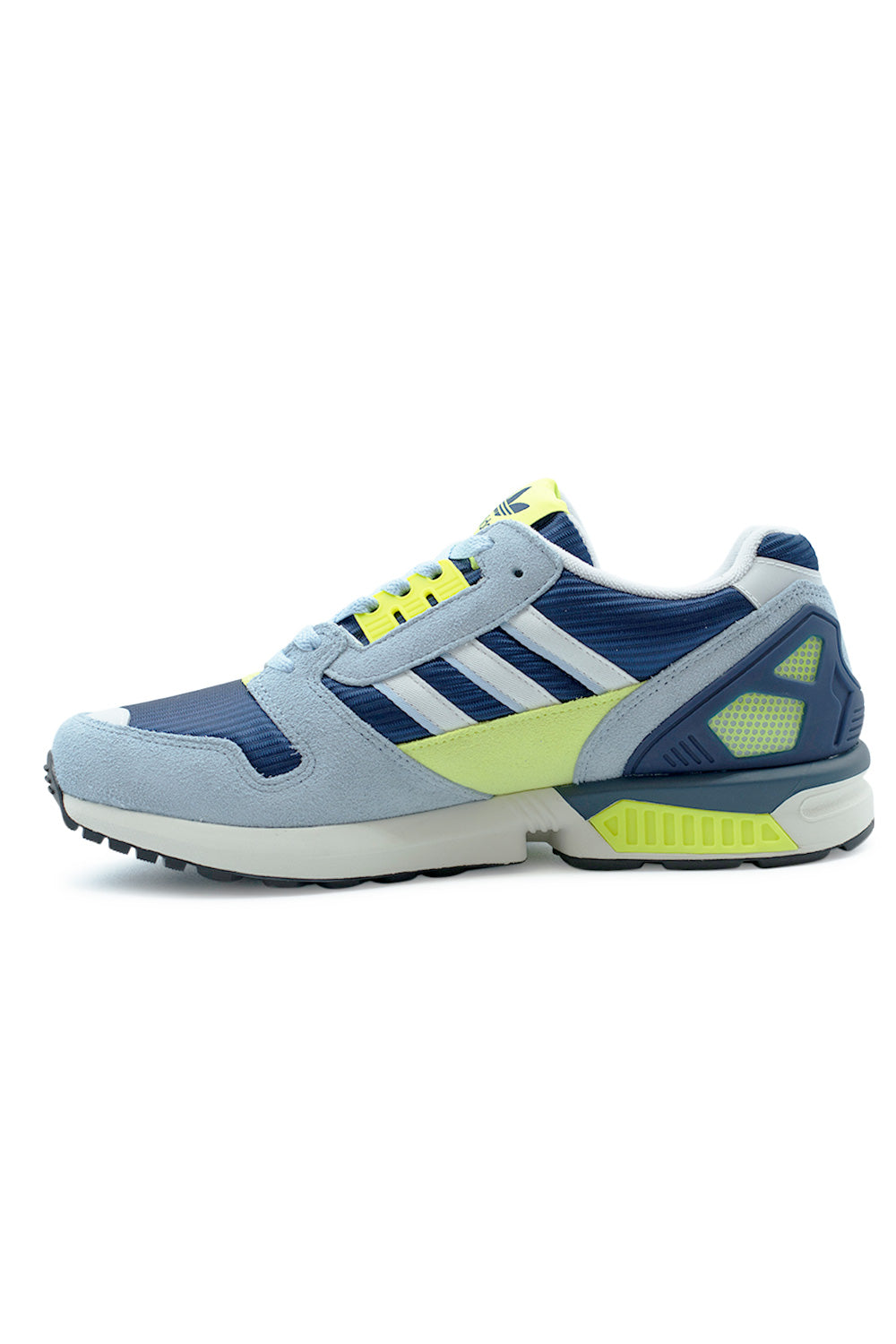 Medial side view of Adidas ZX 8000 running shoe with integrated midfoot Torsion bar, cushioned EVA sole unit and rugged construction built for stability on urban terrain