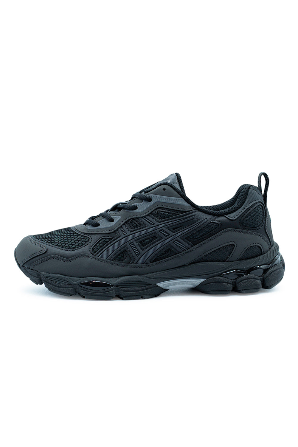 Asics GEL-NYC RGD Shoe in Black and Graphite Grey showing the rugged early-2000s running-inspired side profile with layered synthetic leather overlays, breathable mesh panels and cushioned GEL sole.