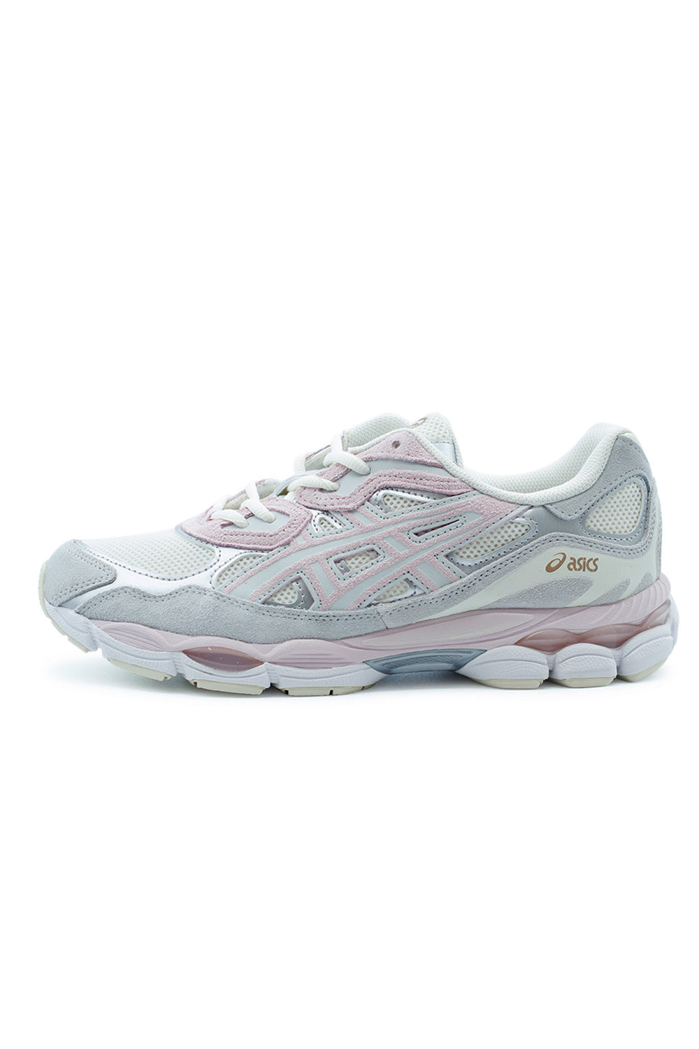 ASICS GEL-NYC Concrete Barely Rose sneaker side view featuring breathable mesh base, layered suede overlays, retro running design inspiration, and cushioned lifestyle trainer silhouette for everyday comfort.