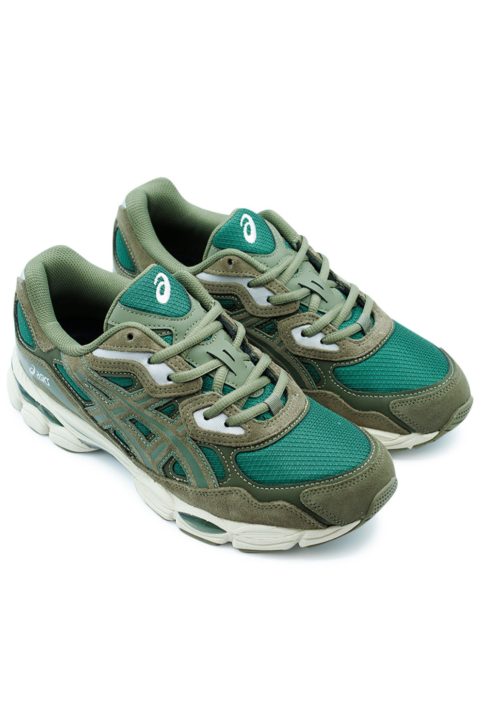 Side view of ASICS GEL-NYC Grove Olive Canvas, early-2000s inspired lifestyle shoe featuring layered suede panels and breathable mesh design.