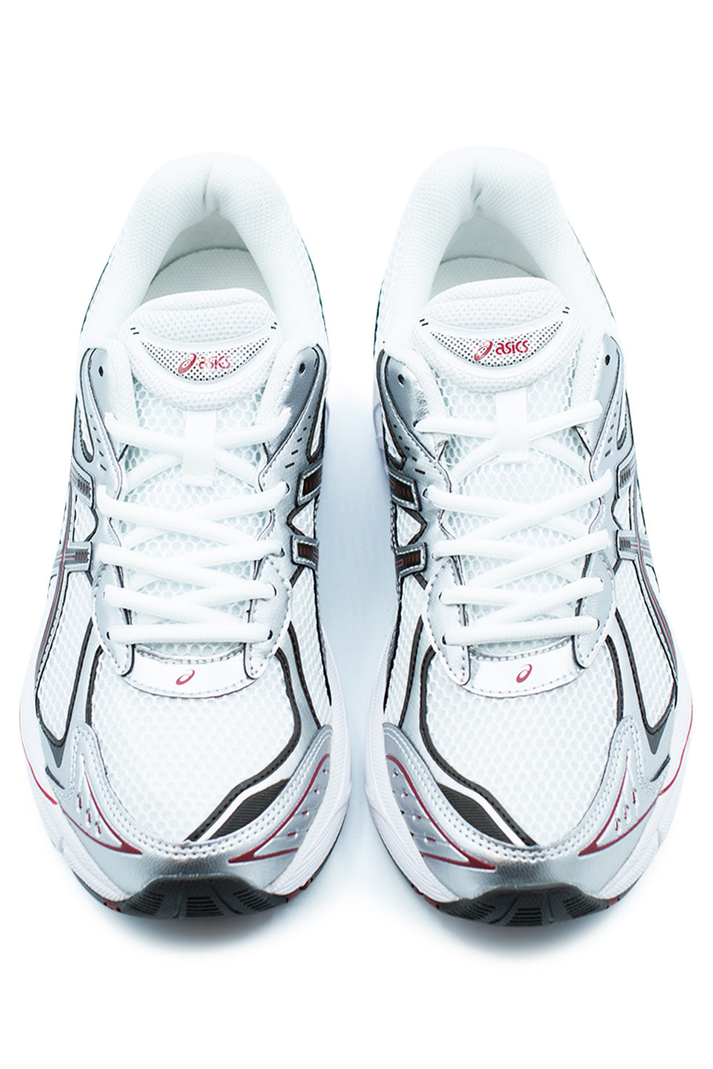Top view of ASICS GT-2160 White Oxblood sneakers displaying open mesh construction, white laces, padded tongue, and layered technical running aesthetic.