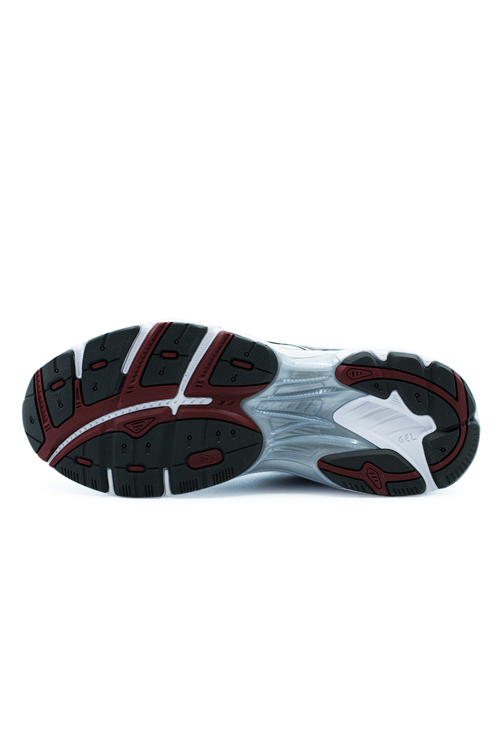 Outsole view of ASICS GT-2160 White Oxblood showing rubber traction layout, segmented sole units, and technical design true to ASICS heritage models.