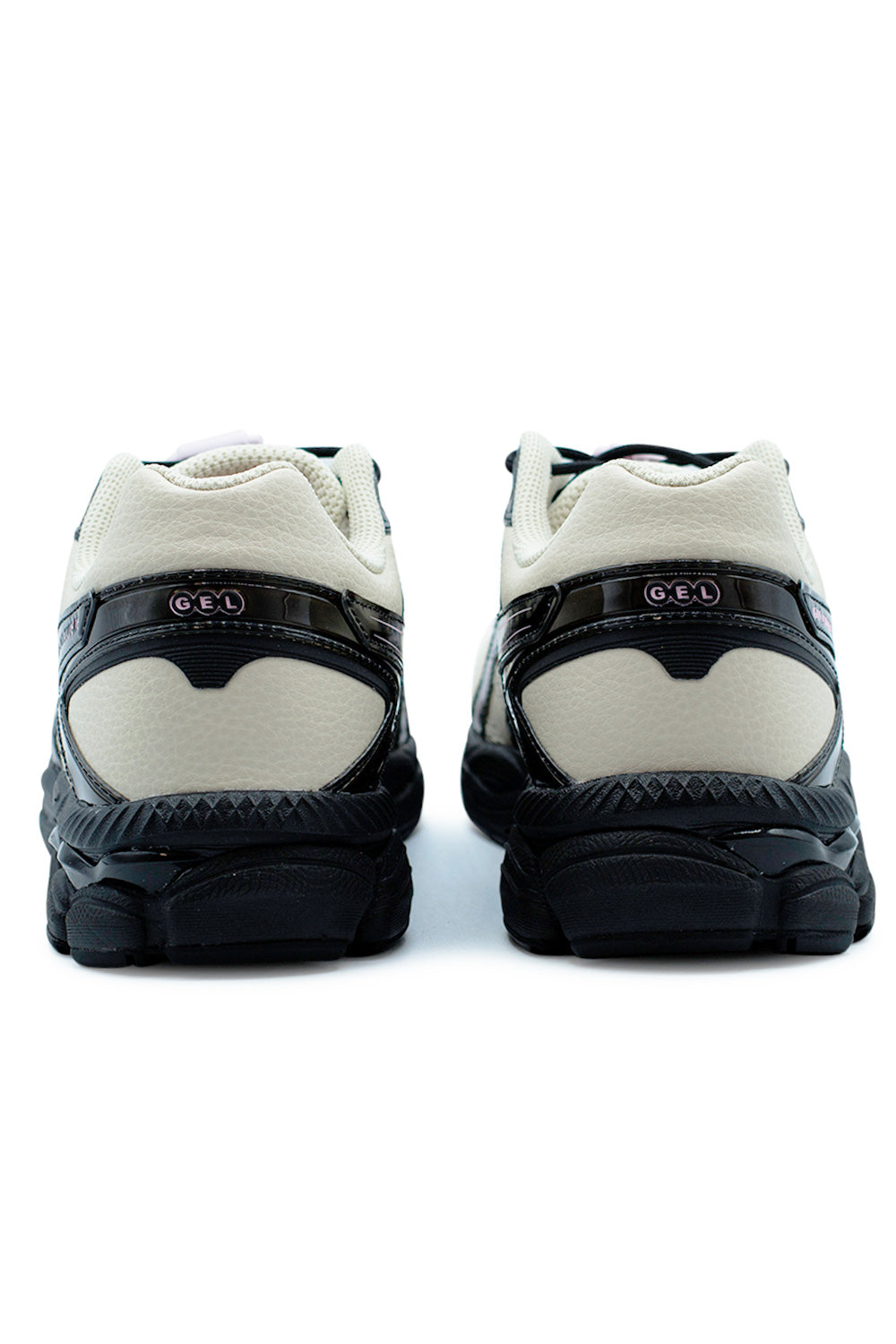 Rear view of Asics x Finesse GEL-Cumulus 16 Desert Rose Birch showcasing GEL branding on the heel counter, padded collar and FLUIDRIDE cushioned midsole for comfort and stability