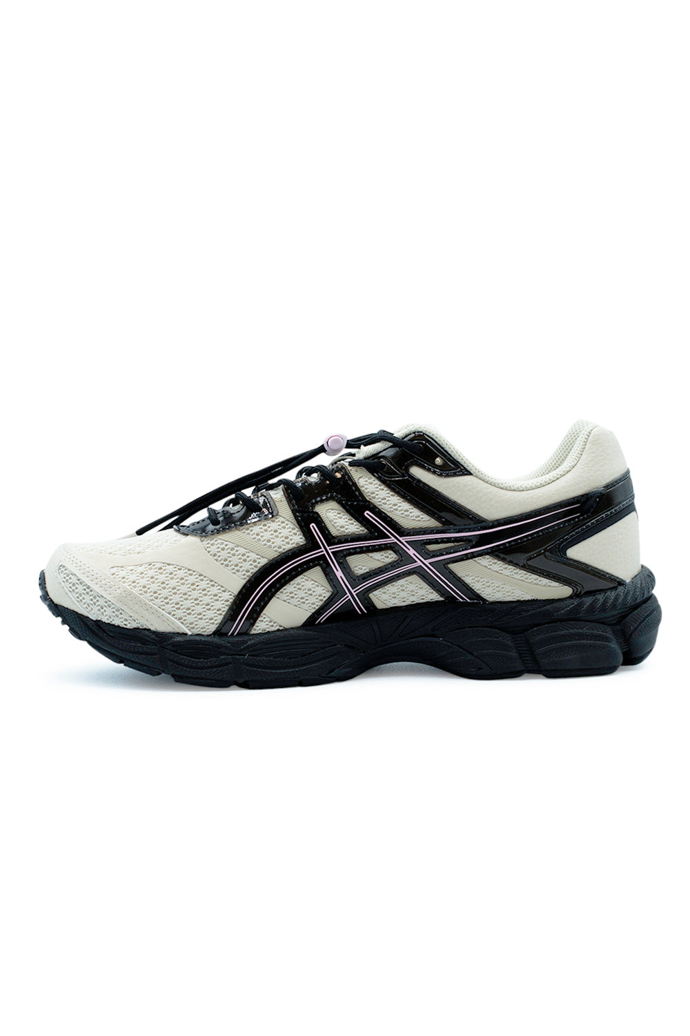 Asics x Finesse GEL-Cumulus 16 Desert Rose Birch lateral view with signature ASICS Tiger stripe overlay, speed toggle lacing system and performance running sole with GEL technology