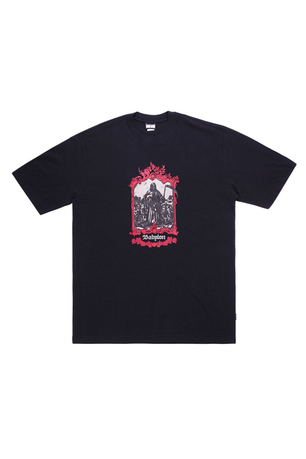 Babylon LA Reaper T-Shirt Black – Schweres 6.5 oz Baumwollshirt mit oversized Fit und markantem Brustprint für einen authentischen Streetwear-Look.