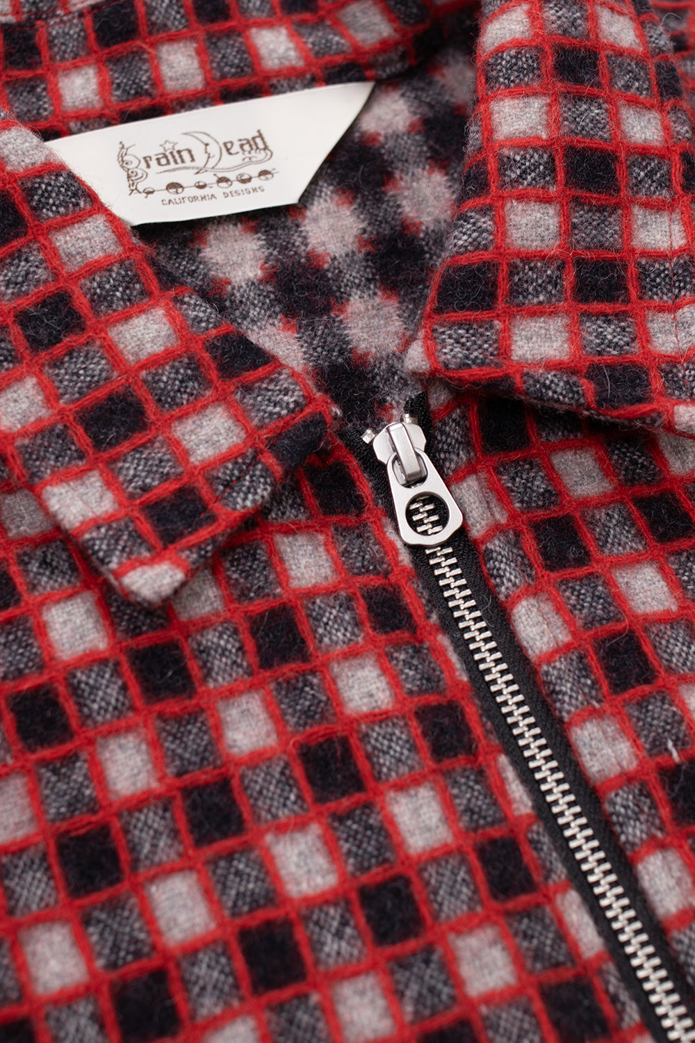 Brain Dead Check Mate Flannel Zip Shirt Black Red, Los Angeles streetwear piece featuring wool-nylon-alpaca blend and bold raised check pattern.