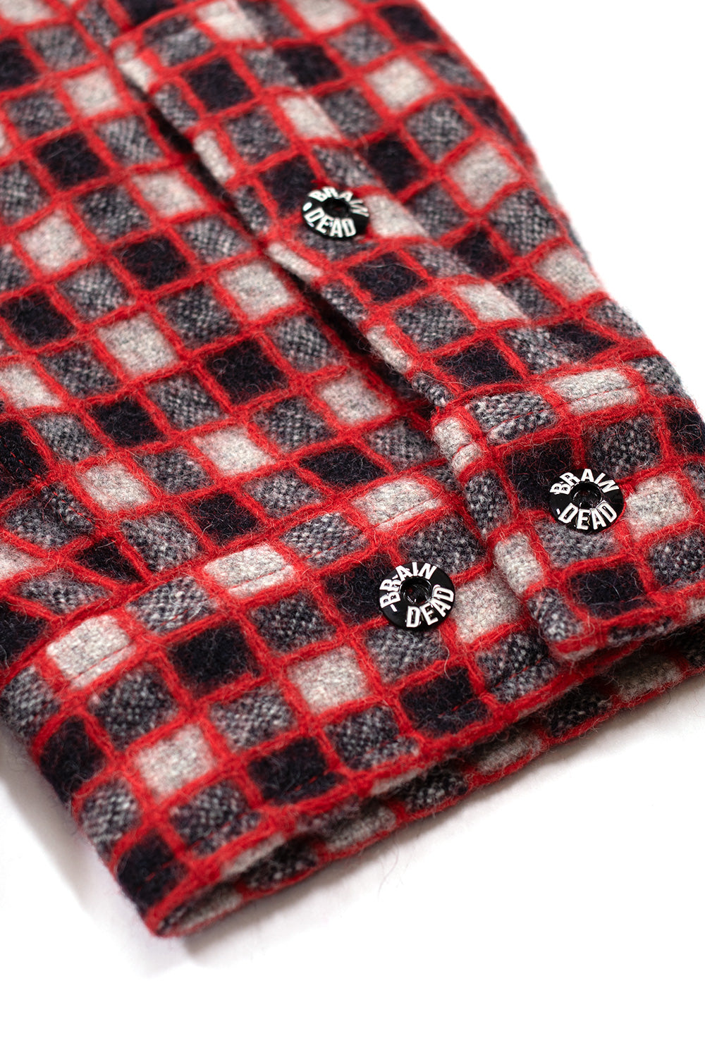 Brain Dead Check Mate Flannel Zip Shirt Black Red, premium wool flannel overshirt with textured raised checks, dual chest pockets, and signature Los Angeles streetwear style.