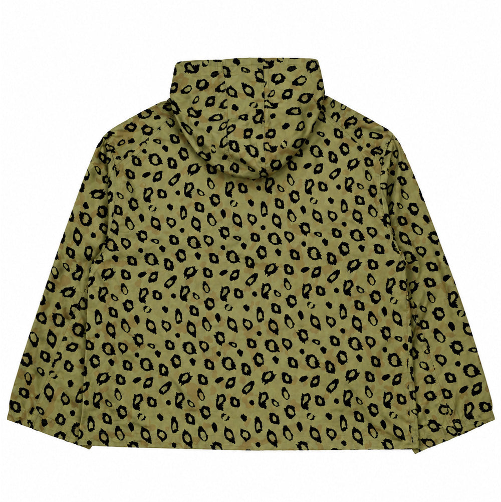Back flat lay studio perspective of the Brain Dead Hooded Chore Coat in Leopard Camo, displaying the seamless back panel cut with a straight hem, dropped shoulder construction, integrated roomy hood resting over the upper yoke, and the continuous textured all-over animal print pattern across the durable olive canvas shell.