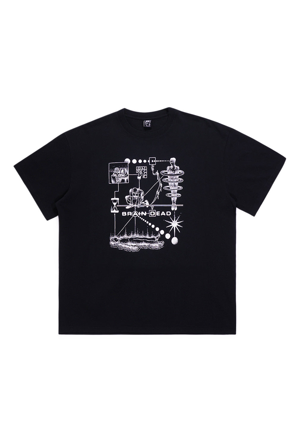 Frontansicht des schwarzen Brain Dead T-Shirts mit kontrastreichem Mind Puzzle Grafikdesign
