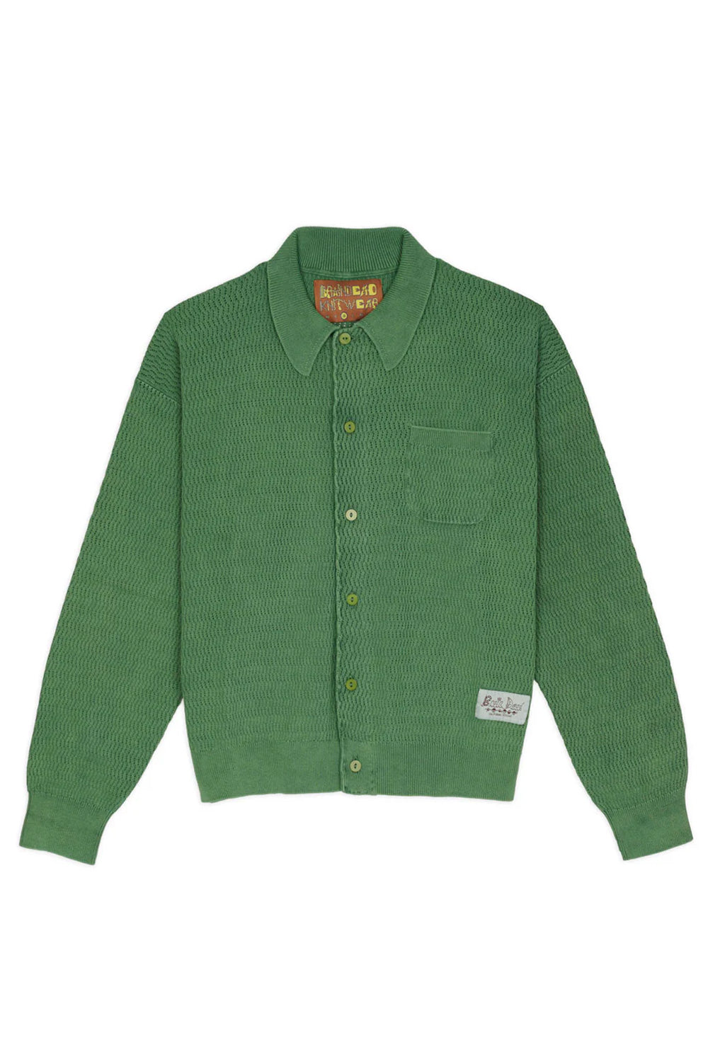 Brain Dead Pigment Dye Long Sleeve Polo Sweater Green front view – loose boxy fit knitted polo shirt in finely woven 100% pima cotton with chest pocket and button closure