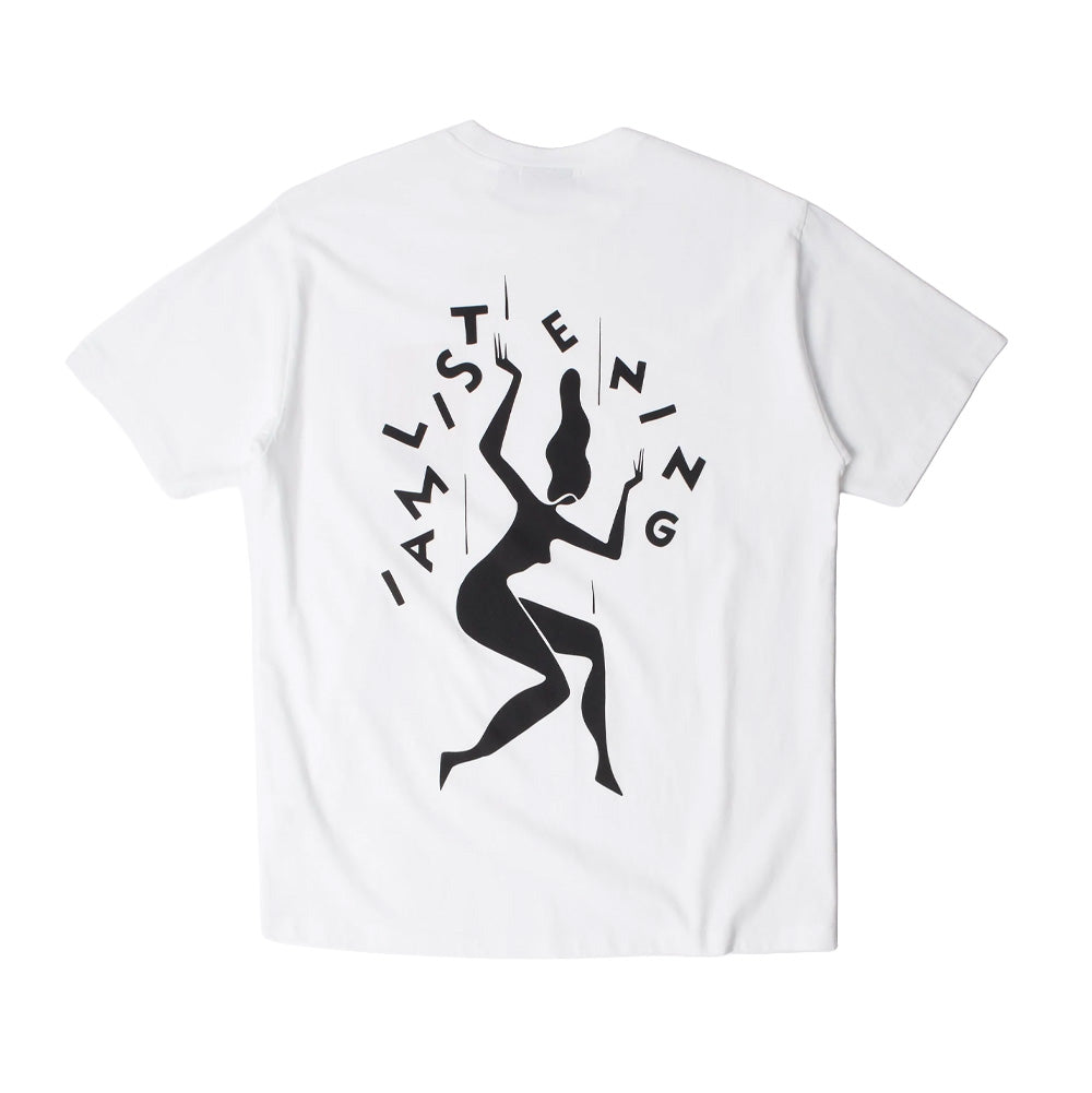 Back flat lay studio view of the By Parra Not Listening T-Shirt in solid white, showcasing a relaxed streetwear silhouette tailored from soft cotton jersey, centered by a large black screen print depicting a dancing surreal silhouette figure framed by bold curved typography reading "I AM LISTENING".
