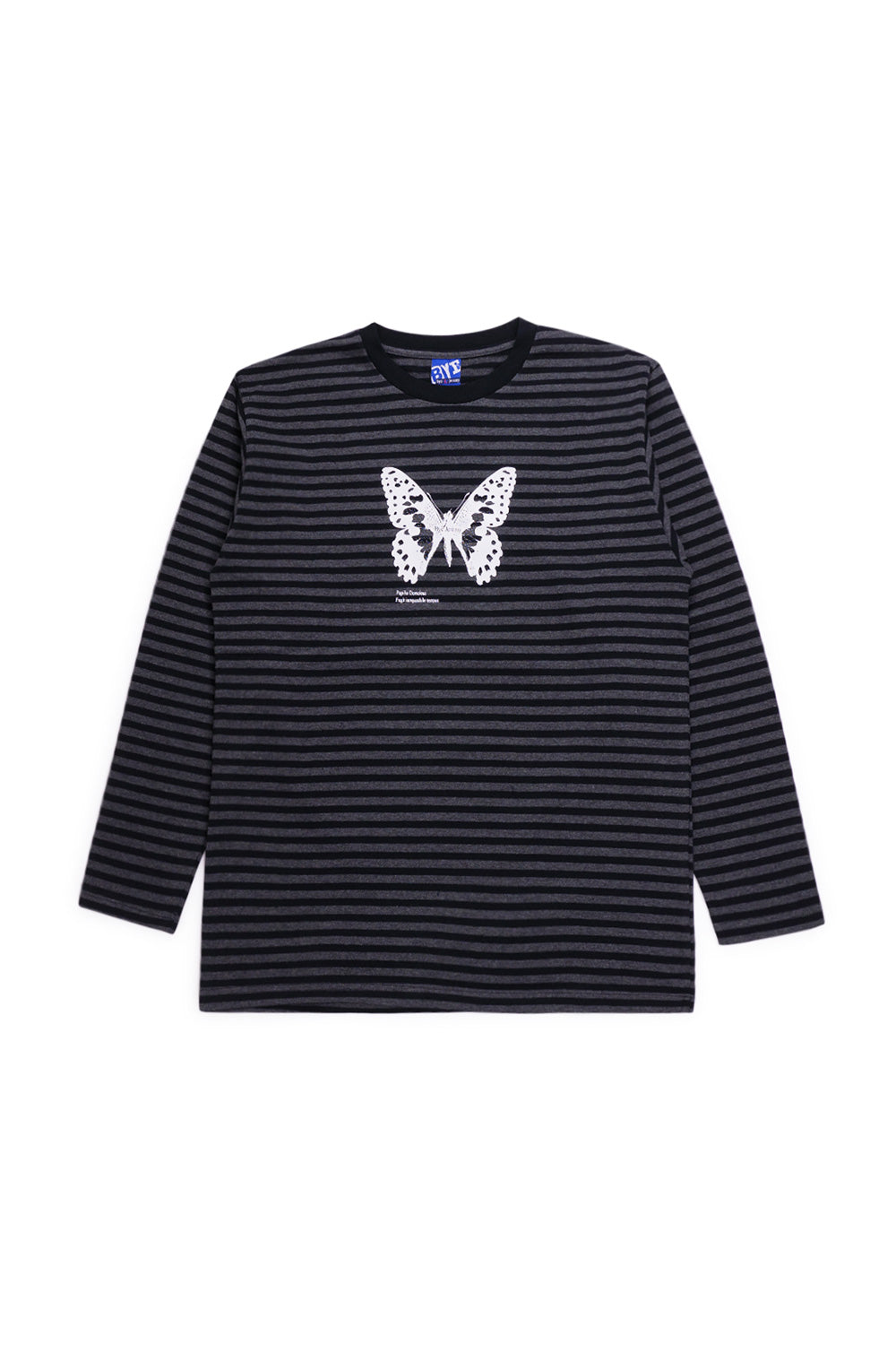 Bye Jeremy Butterfly Stripes Longsleeve in black with horizontal stripes, heavy weight 100% cotton fabric and white butterfly chest graphic, wide-fit skate-inspired long sleeve shirt.