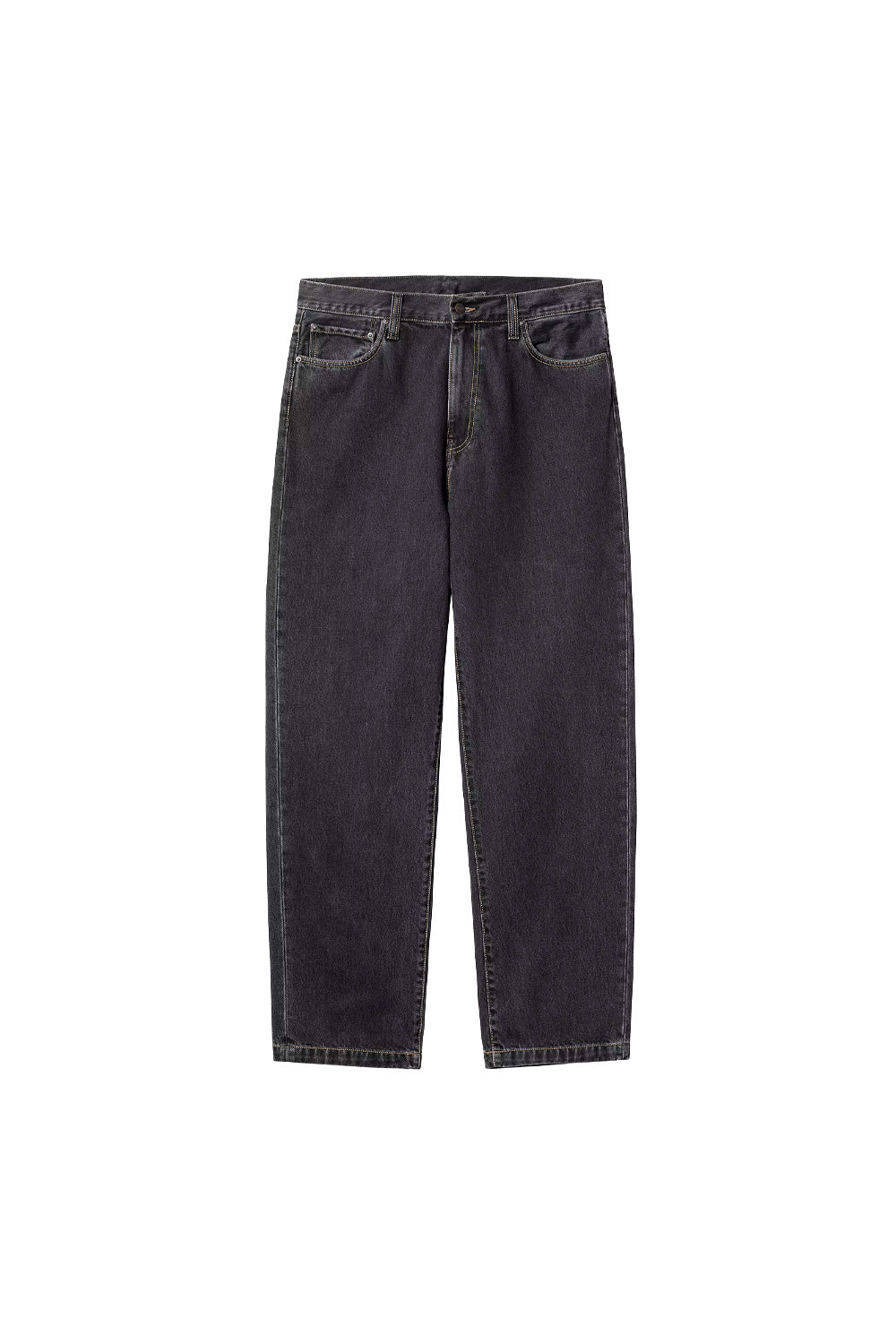 "Vorderansicht der Carhartt WIP Aaron Pant in Schwarz – lässiger Straight-Fit mit dezentem Carhartt-Branding auf der Gesäßtasche"
