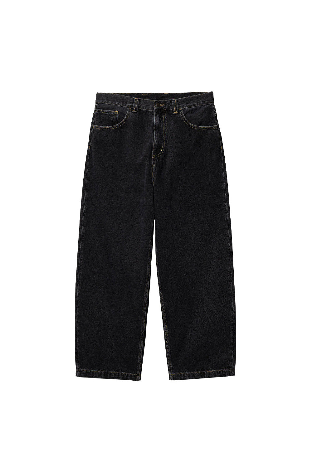 Carhartt WIP Brandon Pant in Schwarz, Stone Washed – Vorderansicht mit geradem, lockerem Schnitt und tiefem Schritt
