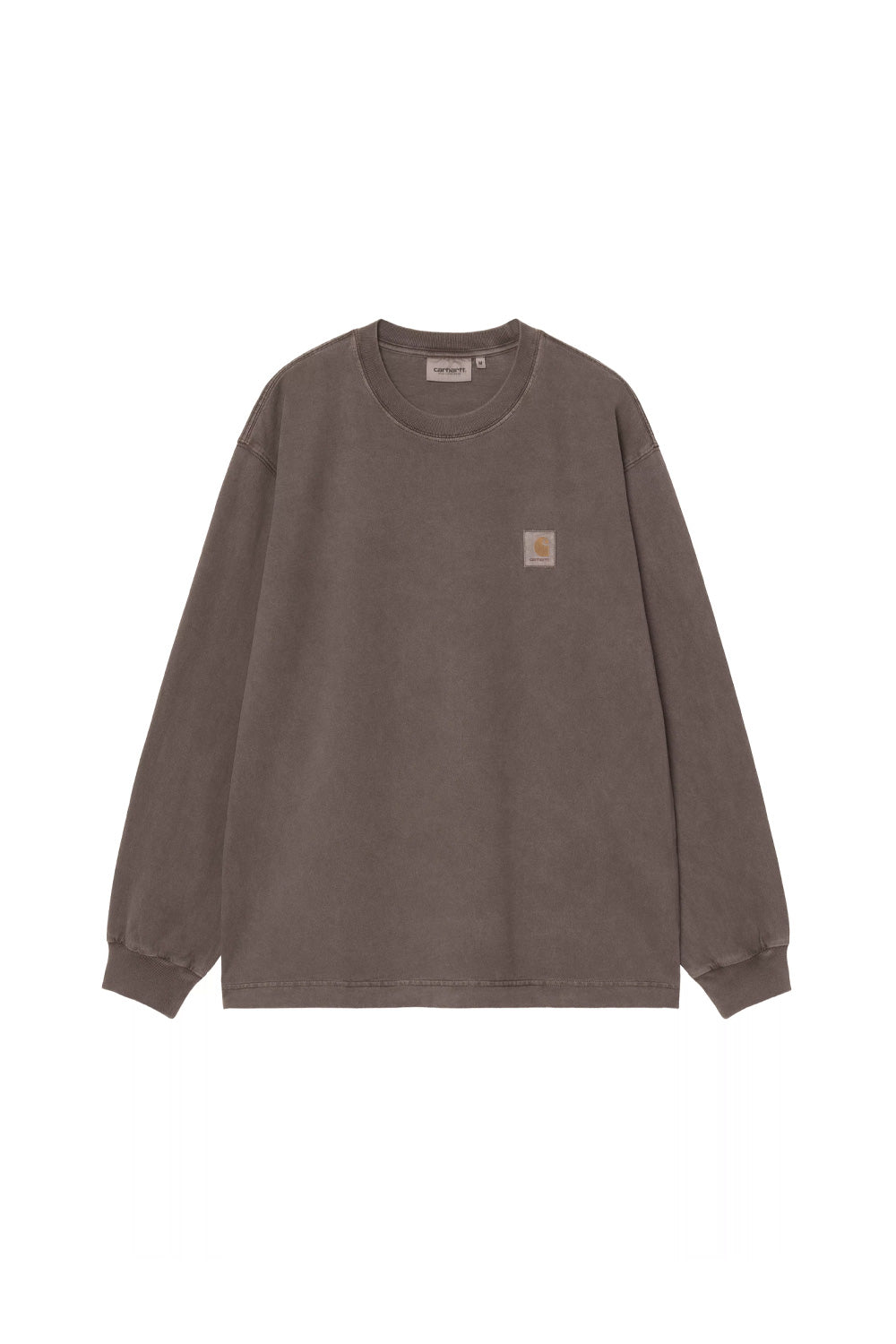Front view of the Carhartt WIP L/S Vista T-Shirt in pigment-dyed Tobacco brown, showcasing a loose-fitting mid-weight 100% cotton jersey construction, ribbed crewneck collar, elasticated cuffs, and a tonal woven square label stitched on the left chest.