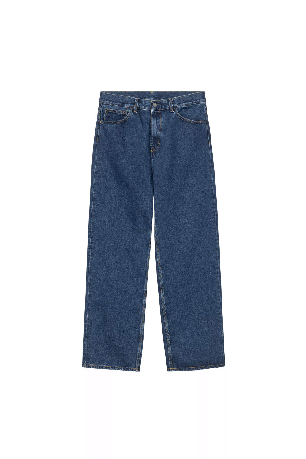 Front flat lay view of the Carhartt WIP Payson Pant in Blue Stone Washed, showcasing the classic 5-pocket styling, relaxed straight leg cut, authentic stone-washed mid-blue fading, metallic Carhartt waist button, YKK zip fly, and contrast gold topstitching.
