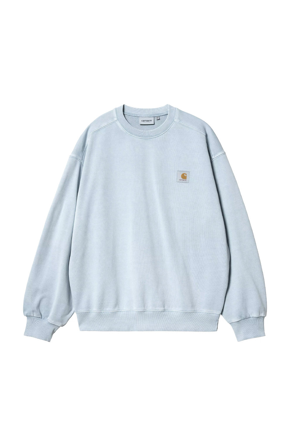 "Vorderansicht der Carhartt WIP Aaron Pant in Blue Stone Bleached – stylische Baggy-Passform mit Workwear-inspirierten Details und hellblauer Waschung"