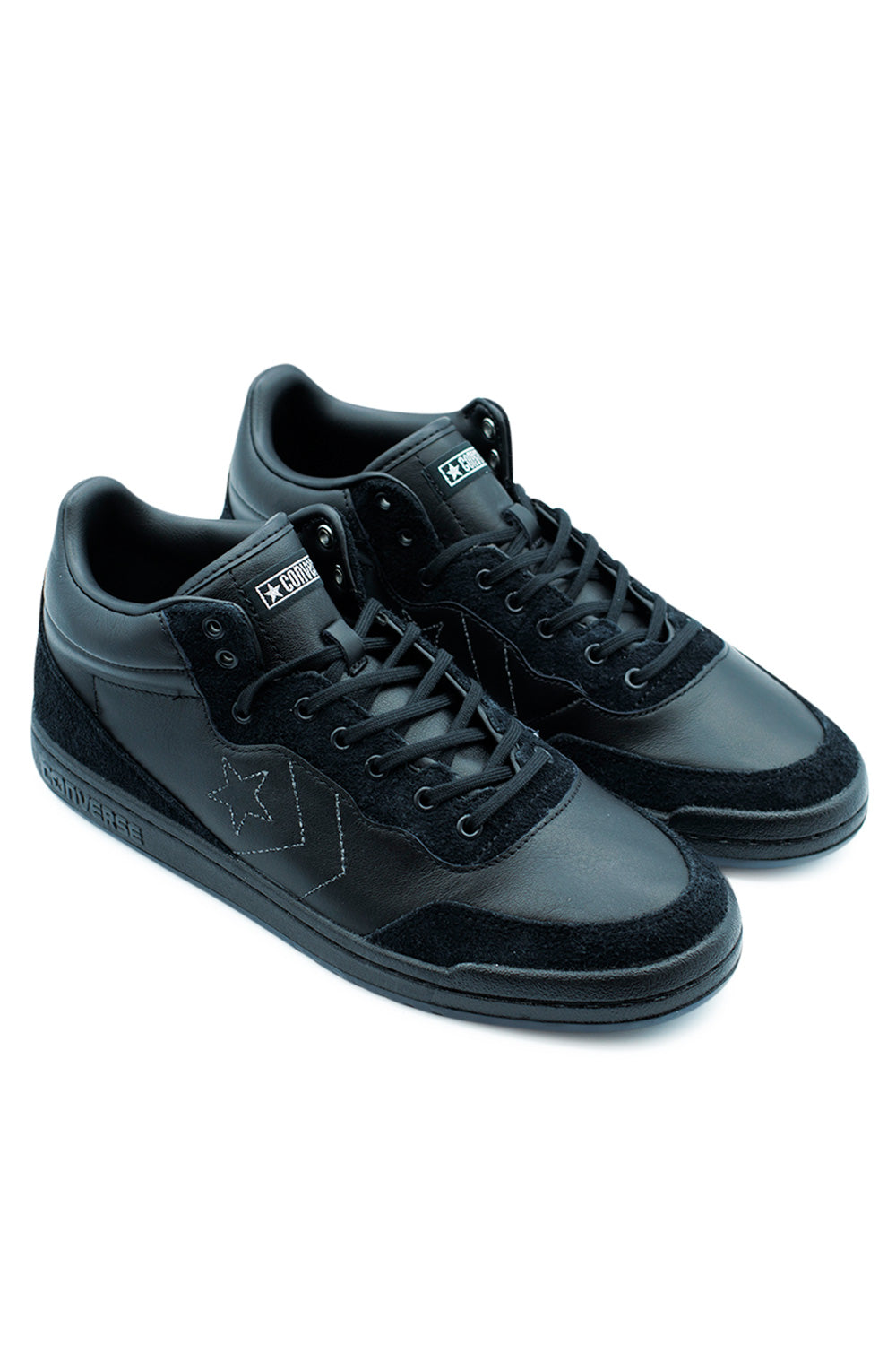 Side view of Converse CONS Fastbreak Pro Mid Sage Elsesser Black, limited edition skateboarding sneaker with stitched Star Chevron logo and translucent sole.