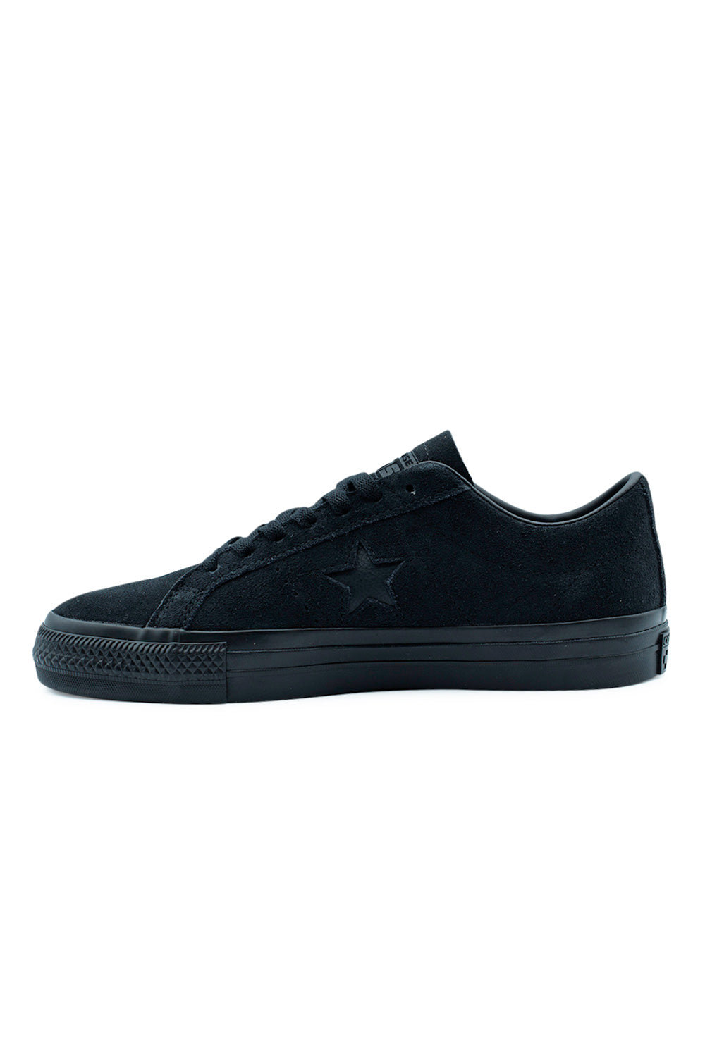 Side profile of the Converse CONS One Star Pro OX in all-black, built with a premium suede upper, rubber underlays, and CX impact foam for advanced skate durability.