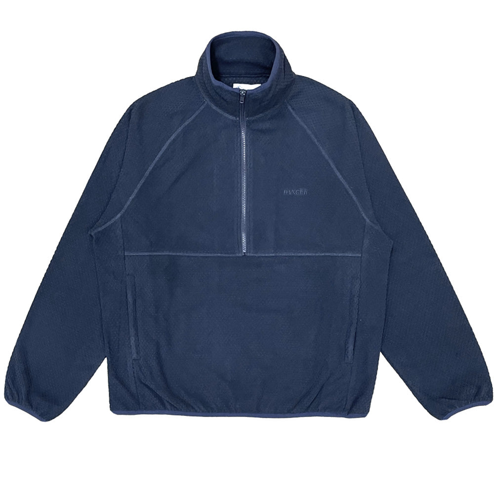 Front flat lay view of the Dancer Fleece Half Zip in dark navy blue, featuring a relaxed skate-fit pullover constructed from high-pile fuzzy teddy fleece, detailed with a high stand-up collar, center front YKK half-zip fastening, raglan shoulder seams, side-entry hand pockets, stretch binding at the cuffs and hem, and a tonal navy embroidered "DANCER" logo on the chest.