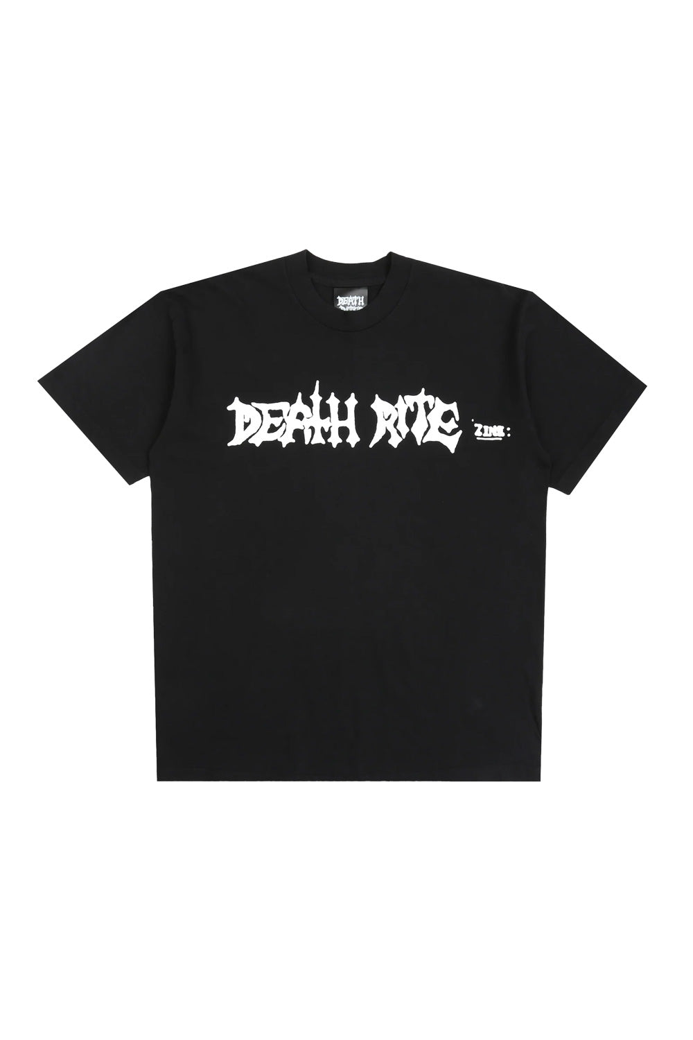 Front view of the loose-fitted black Death Rites Classified '89 heavy cotton t-shirt with a white metal-style brand logo printed across the chest.