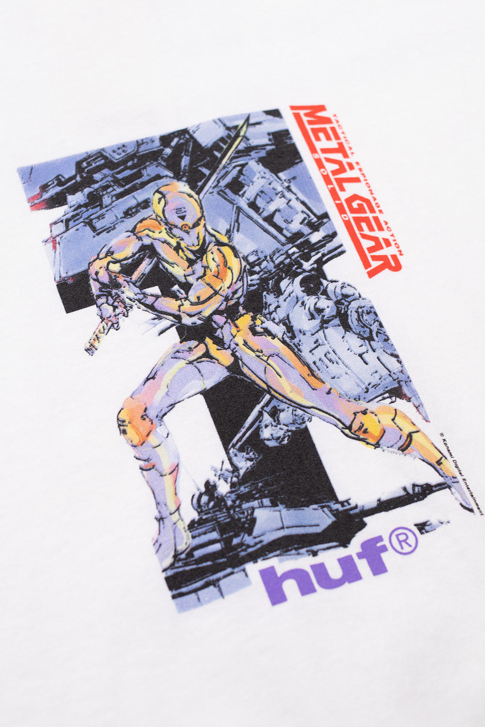 Close-up of Gray Fox character artwork on HUF x Metal Gear Solid T-shirt White, detailed front chest graphic, Japanese promo art inspired design, premium cotton graphic tee